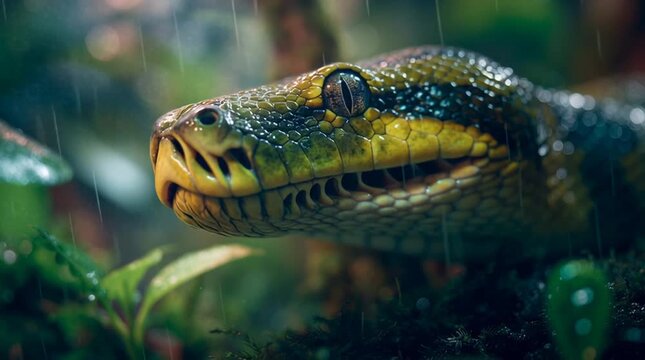 python Snake flicking tongue in humid rainforest with intense focus showcasing predator instincts and survival behavior in jungle environment
