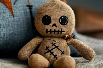 Voodoo doll sitting on a sofa with stitched eyes and mouth