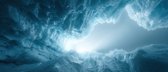 Expansive ice cave interior with glowing blue tones and natural light shining through icy formations, creating serene and otherworldly atmosphere