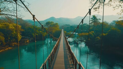 Obraz premium A suspension bridge spanning a turquoise river surrounded by lush greenery.