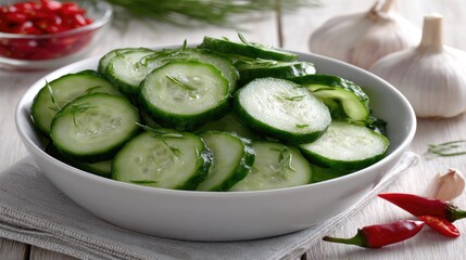 Delicious pickled cucumbers served in a bowl alongside fresh red chili peppers and garlic on a rustic wooden table
