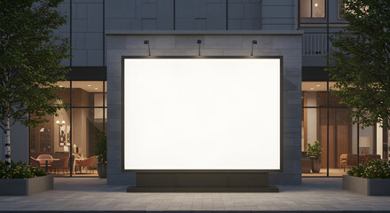 Front view on blank white billboard with copyspace on sunny street before stylish business center with glass walls in the evening. 3D rendering, mockup