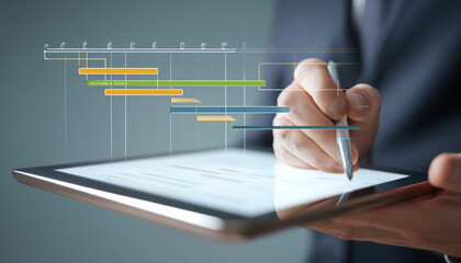 Businessman analyzing data on a digital tablet with graphical overlays