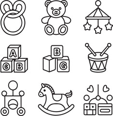 Fototapeta premium Infant Playthings Line Icon Pack Teether, Plush Toy, Baby Mobile, Blocks, Toy Drum, Rocking Horse, and Educational ToysInfant Playthings Line Icon Pack Teether, 