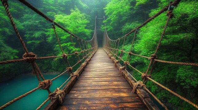 Wooden suspension bridge through lush green forest. - Powered by Adobe