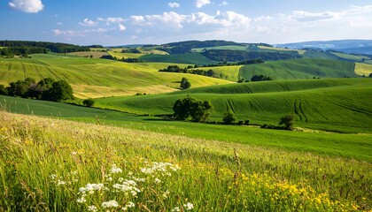 Idyllic rolling green hills and meadows landscape on a sunny day in summer