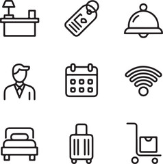 Hotel Services Outline Icon Set Reception Desk, Room Key, Bell, Concierge, Booking, WiFi, Bed, and Hospitality EssentialsHotel Services