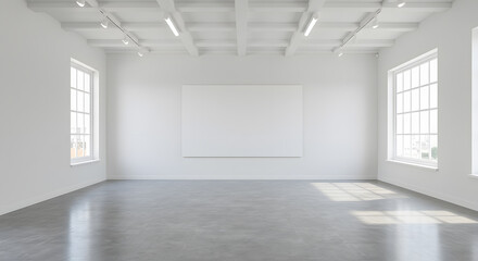 Empty spacious light exhibition or gallery hall with front view on blank white wall, glossy concrete floor, white ceiling and windows. 3D rendering, mockup