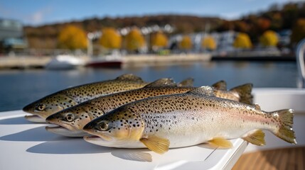Obraz premium Salmon lie on the dock with fishing boats in the background and mountains rising under a clear blue sky, showcasing nature's bounty