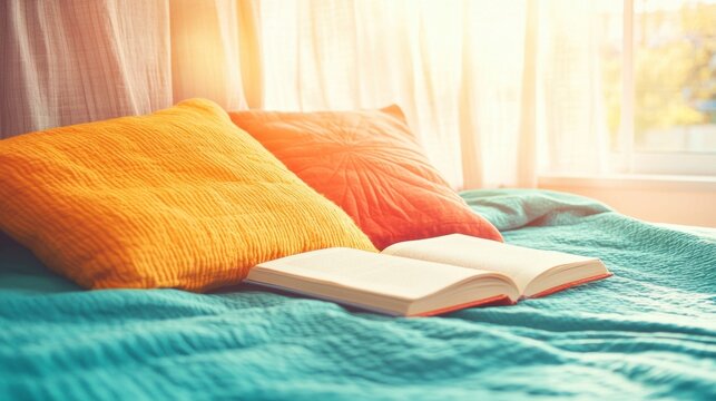 Cozy reading nook with colorful pillows and an open book by the window