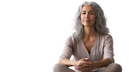 Calm woman meditating indoors with a peaceful expression, sitting cross-legged on the floor in a bright room during daylight on transparent background