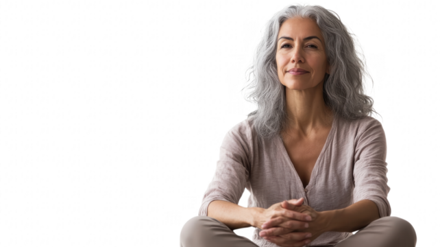 Calm woman meditating indoors with a peaceful expression, sitting cross-legged on the floor in a bright room during daylight on transparent background - Powered by Adobe
