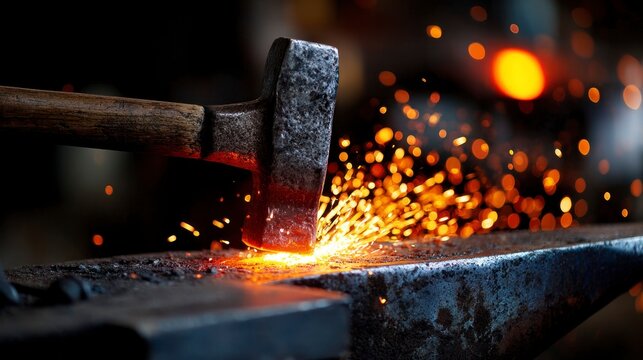 Blacksmith striking hot metal on anvil - Powered by Adobe