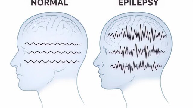 Illustrating the distinct difference between normal brain electrical activity and erratic epileptic seizures in a medical diagram.