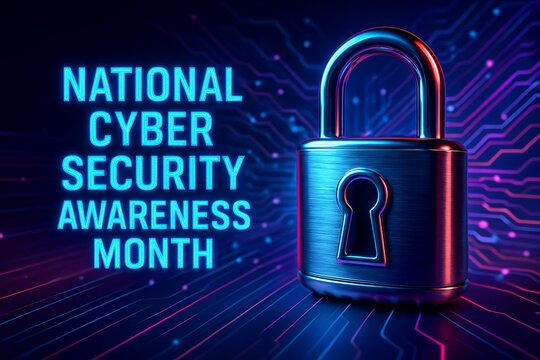 Shiny Padlock Symbolizing Cyber Security Awareness Month on a Digital Circuit Board