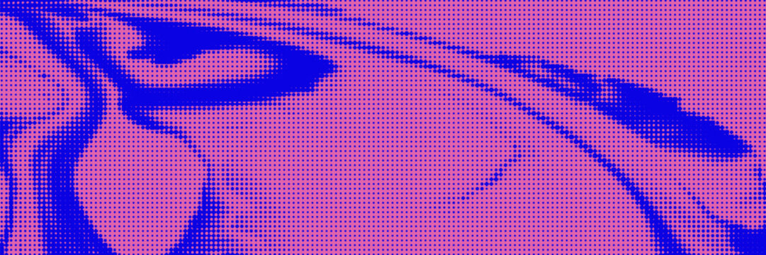 Psychedelic halftone pattern. Retro background with purple and blue distorted grid, surreal wavy and dot texture. Vector illustration.