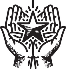 Black and white illustration of cupped hands holding a star with radiating lines style vector illustration EPS file download	