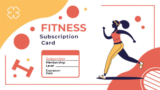 Fitness subscription card design featuring a running woman and gym equipment with abstract shapes and a clover symbol
