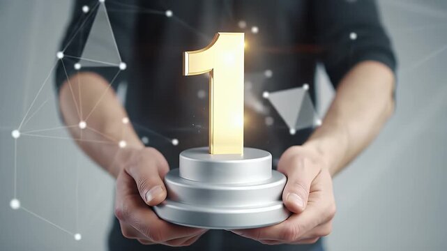 Person Holding Number One Gold Trophy on Silver Pedestal with Abstract Network Background Symbolizing Victory and Business Success