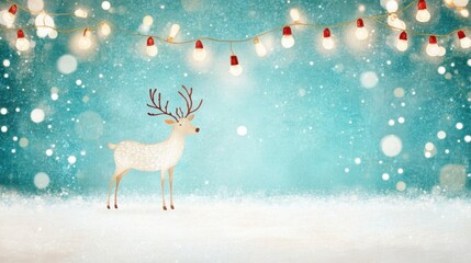 Winter scene featuring a reindeer against a snowy blue background with lights