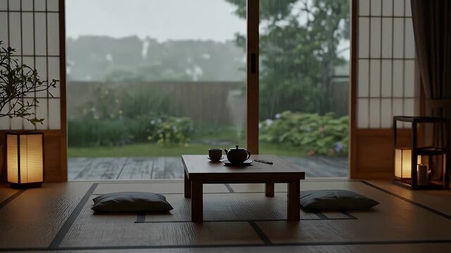 A serene Japanese room with a low table and tea set looking out onto a rainy garden