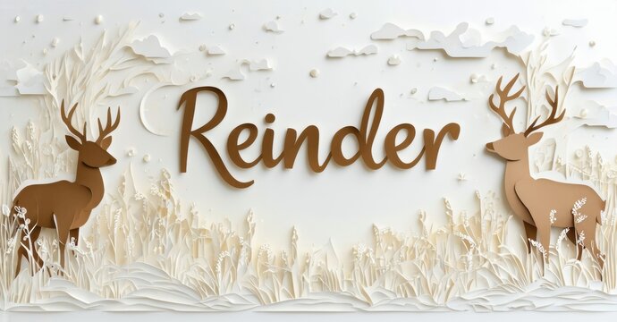 Papercraft reindeer scene. Neutral tones dominate, creating winter landscape. Text Reinder centered above foliage. Delicate design.