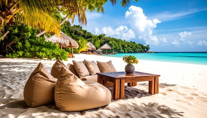 Idyllic tropical beach getaway with comfortable lounge setting and turquoise waters