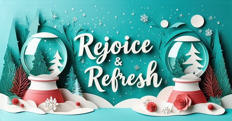 Festive papercraft scene. Snow globes, trees, roses, snowflakes create winter holiday mood. Text reads Rejoice Refresh.