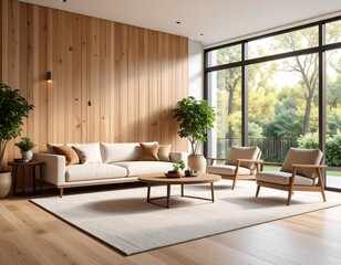 Naklejka premium Modern wooden living room with view