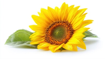 Obraz premium Bright Sunflower with Leaf on White Background bright flower floral plant bloom blossom petals head
