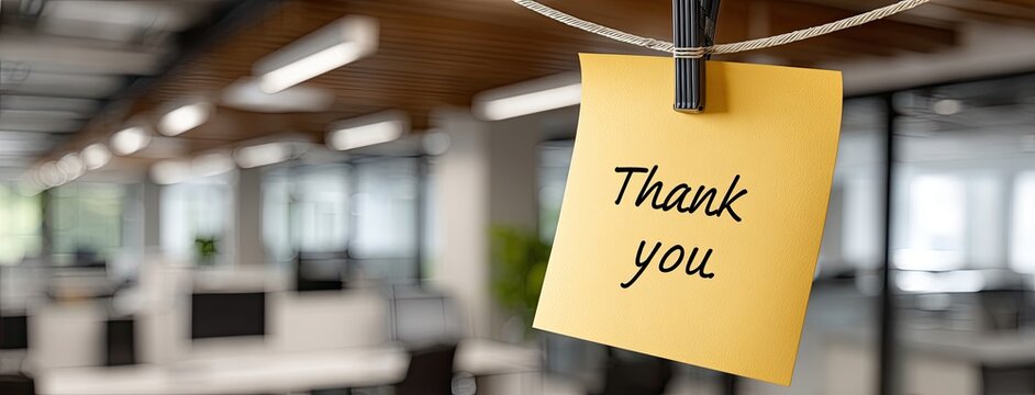 Warmly lit office features a stylish yellow sticky note with thank you writing, creating an inviting ambiance for a thoughtful message