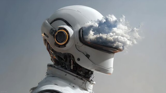 Futuristic robot head sky clouds