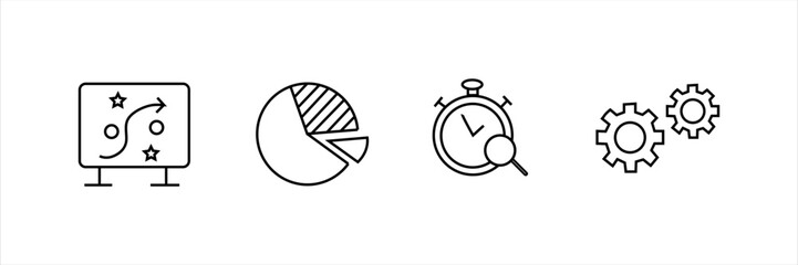 Set of business icons with strategy board, pie chart, time analysis, and gears. Line symbols on white background. Concept for planning, analytics, and process optimization.