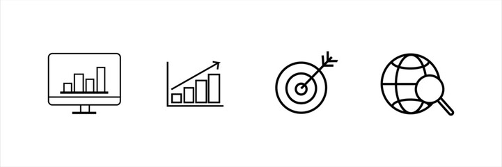 Set of business icons with computer analytics, growth chart, target arrow, and globe search. Line icons for data analysis, success, and global strategy.