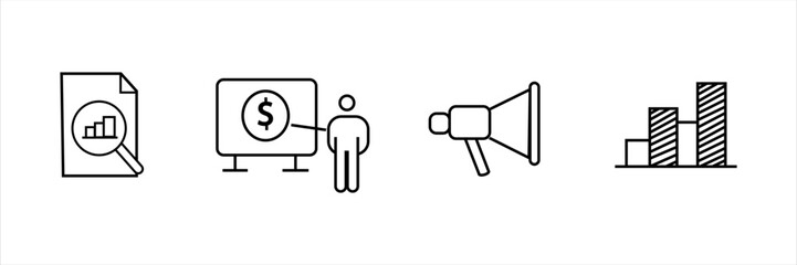Line icons set with document analytics, financial presentation, marketing speaker, and bar chart. Concept for data report, business growth, and promotion strategy.