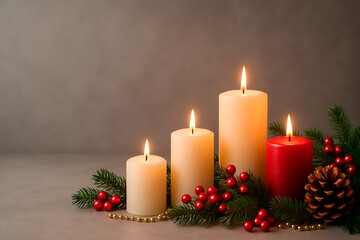 Christmas arrangement with lit candles, pine branches, red berries, and gold beads against a gray background, providing copy space. Christmas decoration with candles.