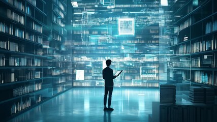 A man stands with tablet in a high tech library surrounded by virtual books and digital displays