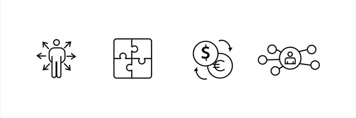 Line icons showing person with arrows, puzzle, currency exchange, and network. Concept for leadership, teamwork, finance, and communication.
