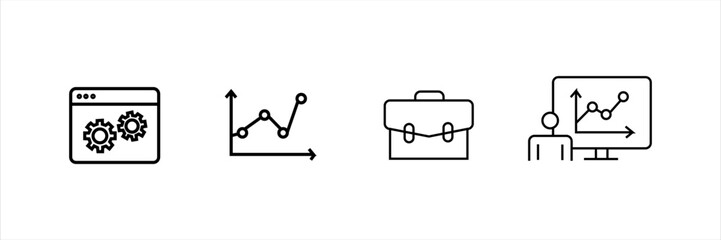 Line icons set with gear in browser, line chart, briefcase, and business presentation. Concept for analytics, process, finance, and data strategy.