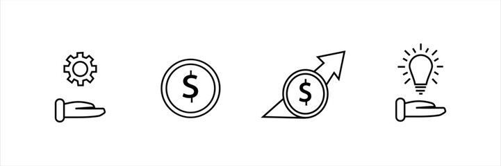 Line icons with hand holding gear, dollar, growth arrow, and lightbulb. Concept for support, finance, innovation, development, and investment strategy.