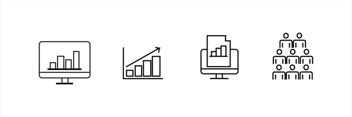 Bar chart on monitor, growth graph, report and team icons. Concept for data analytics, business growth, digital reports, and teamwork efficiency.