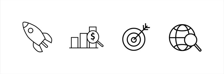Startup rocket, financial growth chart, target hit, and globe search icons. Concept for business launch, investment, marketing goal, and global research.