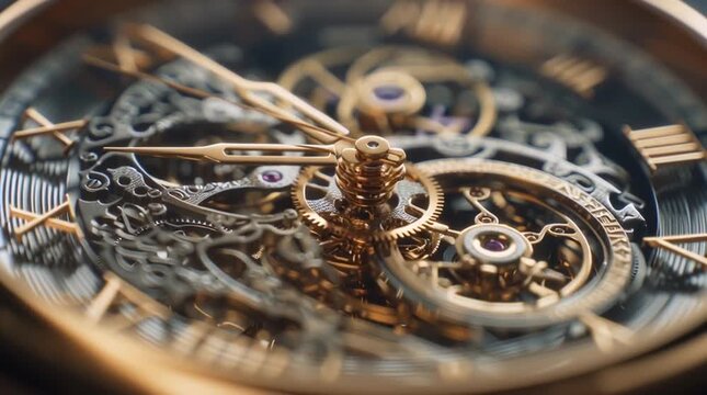 Extreme macro of the intricate inner workings of a luxury Swiss watch, showing the moving gears and mechanism. Concept of precision and time