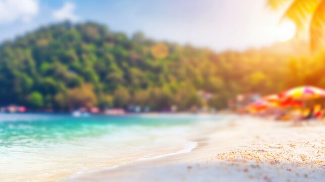 Sunny beach view with blurred colors and umbrellas for relaxation