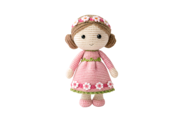 Cute crocheted doll with brown hair in pink dress featuring green sash, isolated on a transparent background