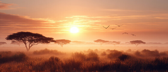 Naklejka premium Vast savannah at dawn with morning mist and warm sunlight glowing over acacia trees and flying birds creating peaceful and serene natural landscape scene