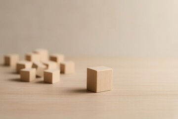 Single wooden cube standing apart from scattered blocks on minimal surface symbolizing leadership individuality and strategic decision