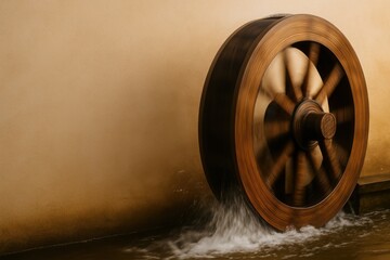 Rotating wooden water wheel in motion with flowing water used in renewable energy visuals traditional mechanics and sustainability themes