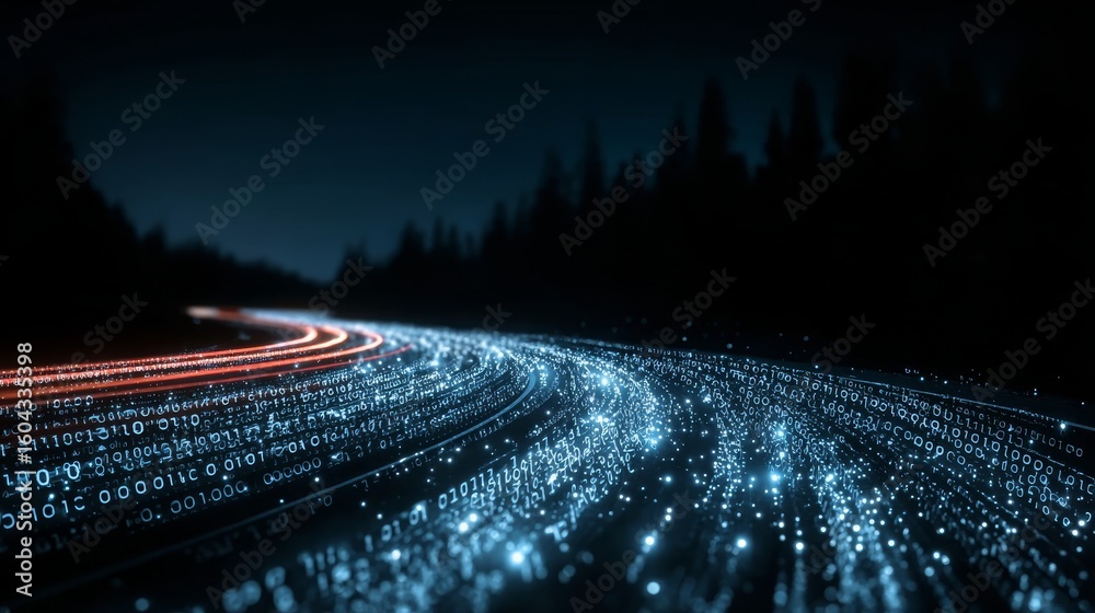 Poster digital stream harnessing binary code on a futuristic route of innovation and technology for all