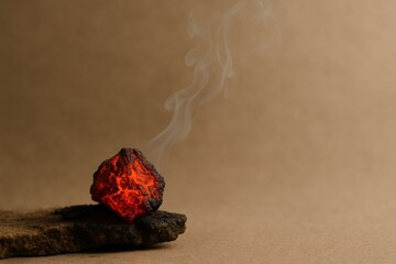 Glowing hot coal on stone platform emitting smoke used in energy visuals heat source and transformation concepts